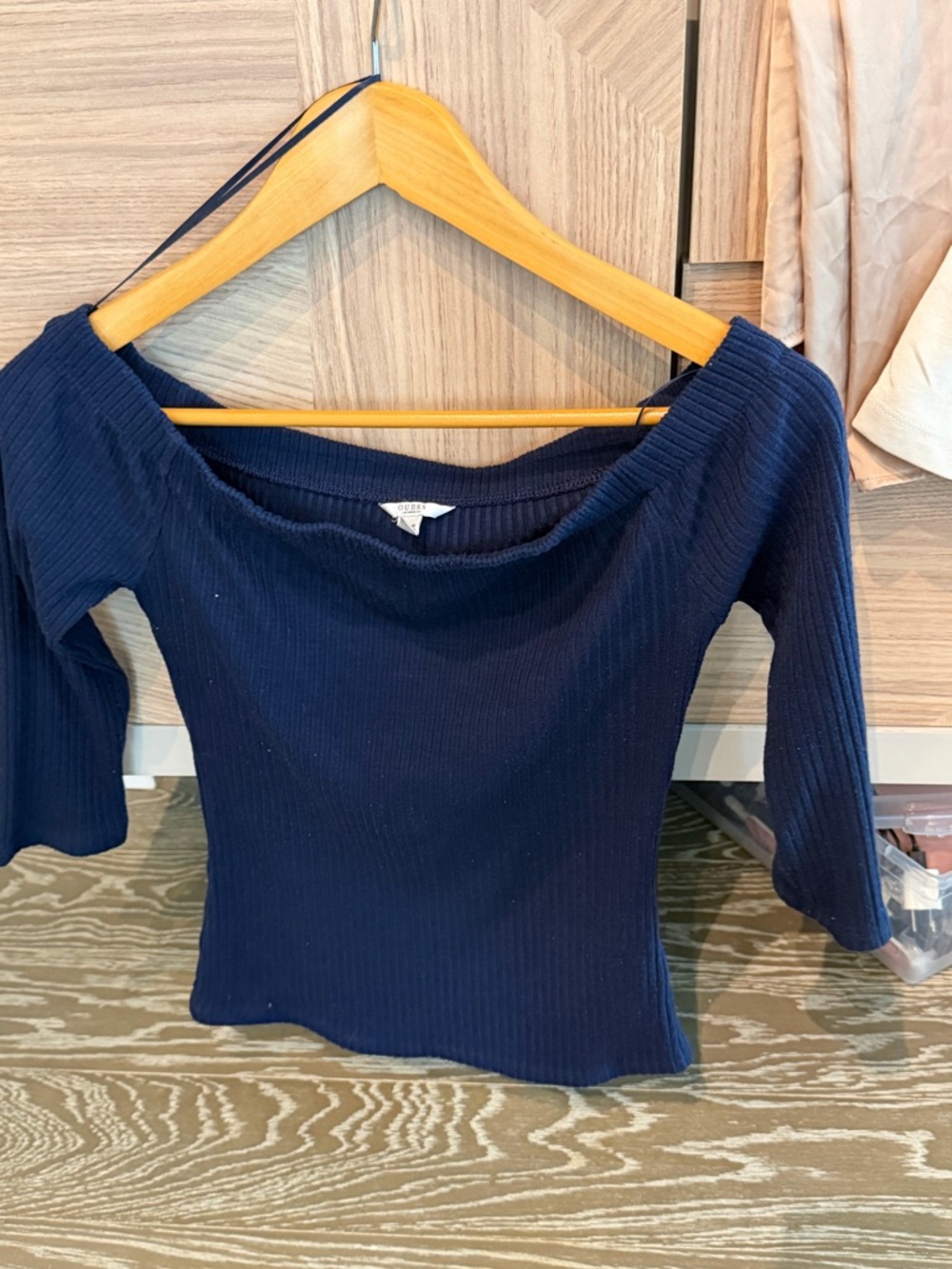 Guess Ribbed Navy Off-Shoulder Top 3/4 sleeve